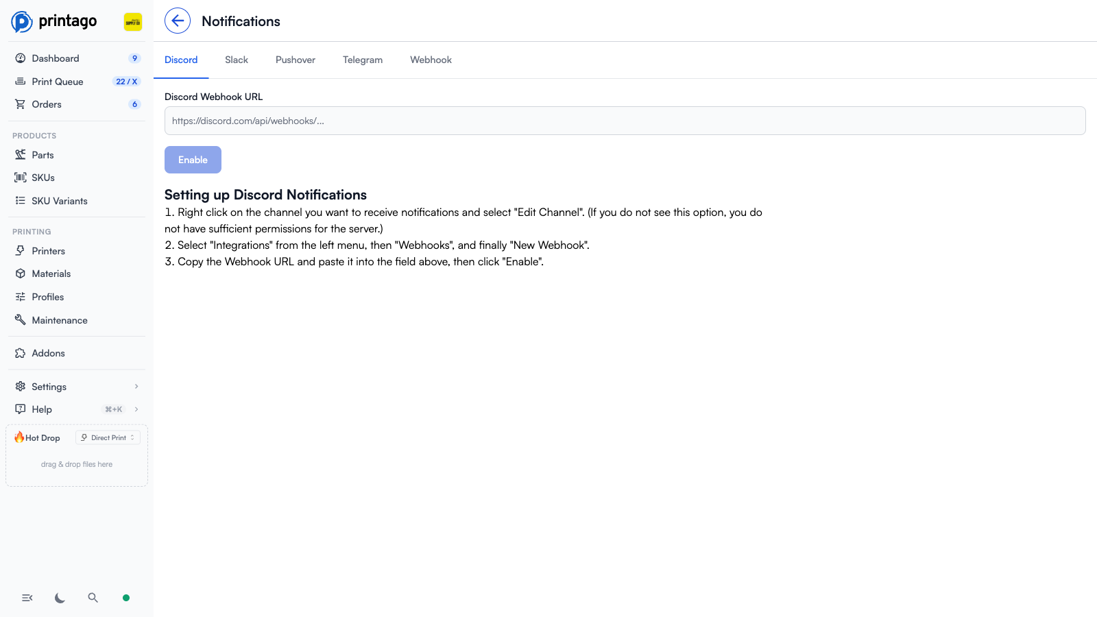 Notifications settings page with Discord, Slack, Pushover, Telegram, and Webhook tabs