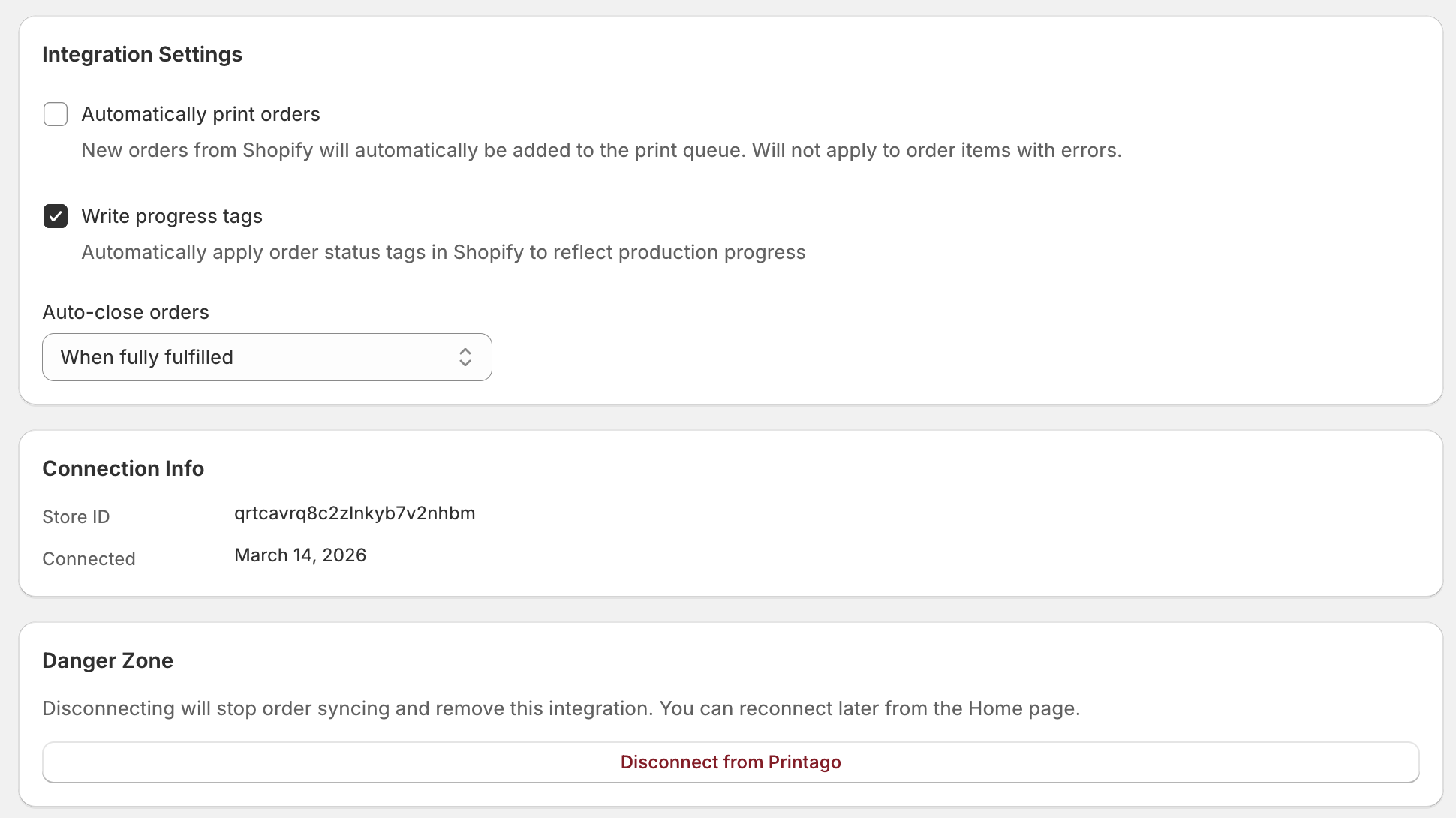 Shopify app settings page