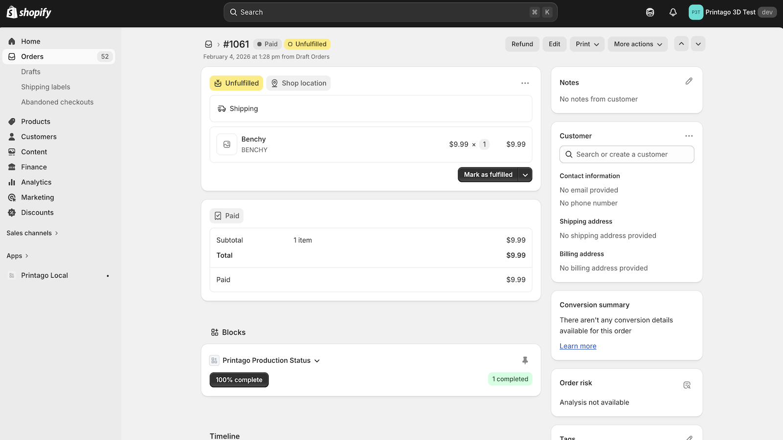 Order detail page with Printago Production Status block