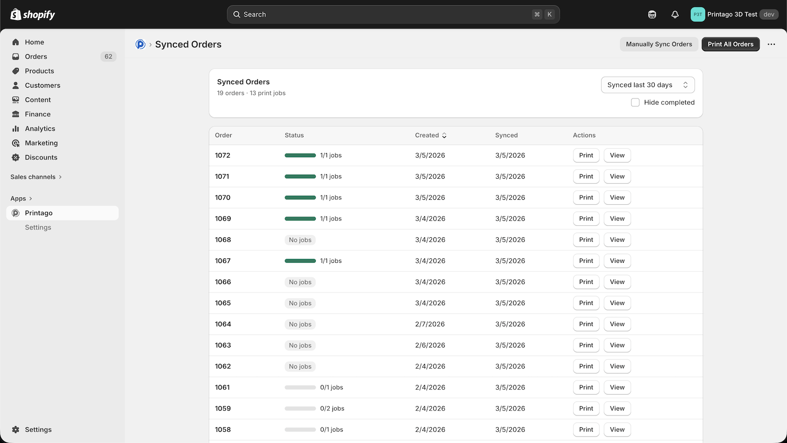 Synced Orders dashboard in Shopify Admin