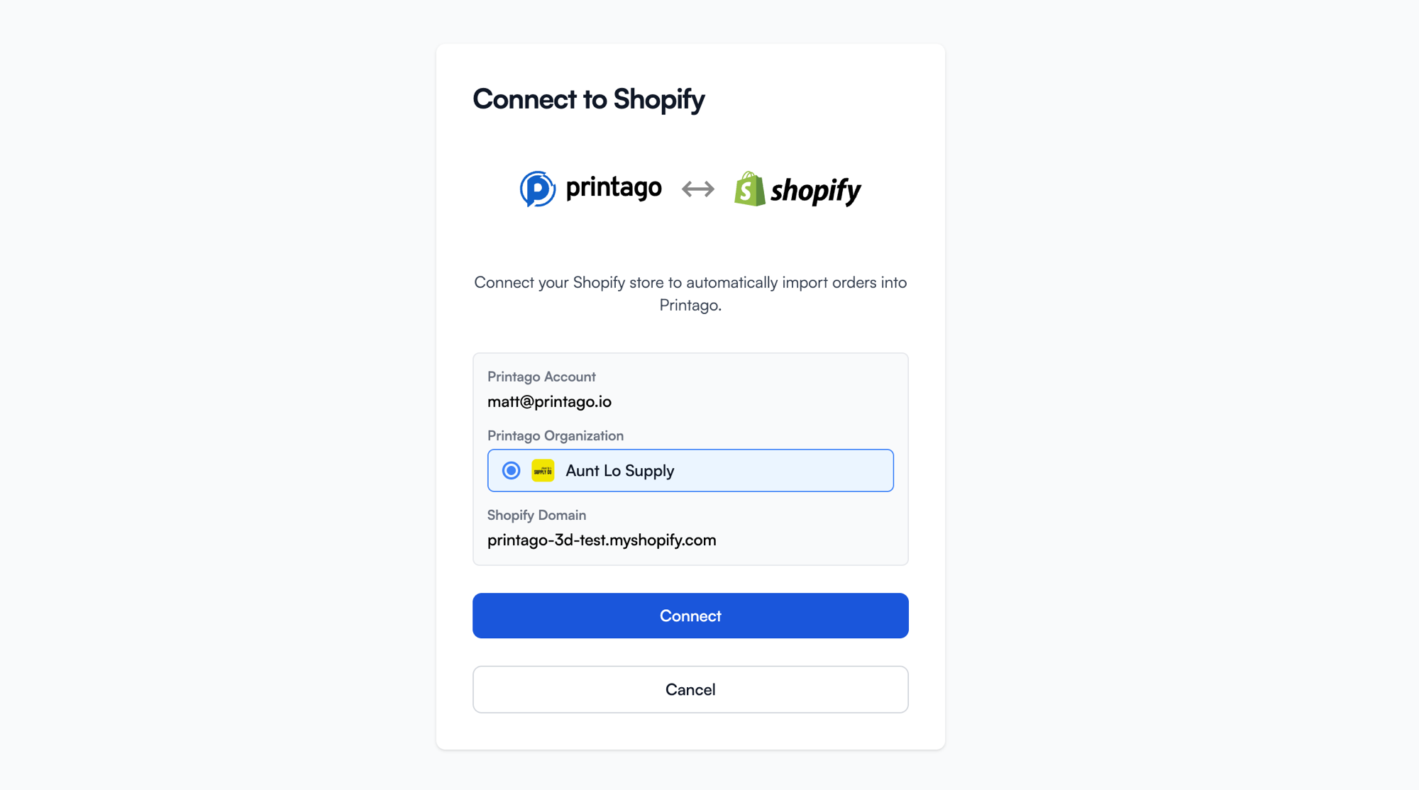 Shopify connect flow confirmation in Printago