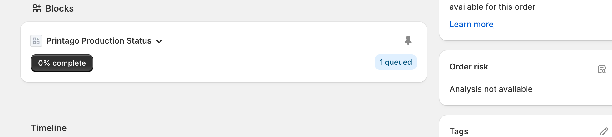 Shopify order page with Printago production status block