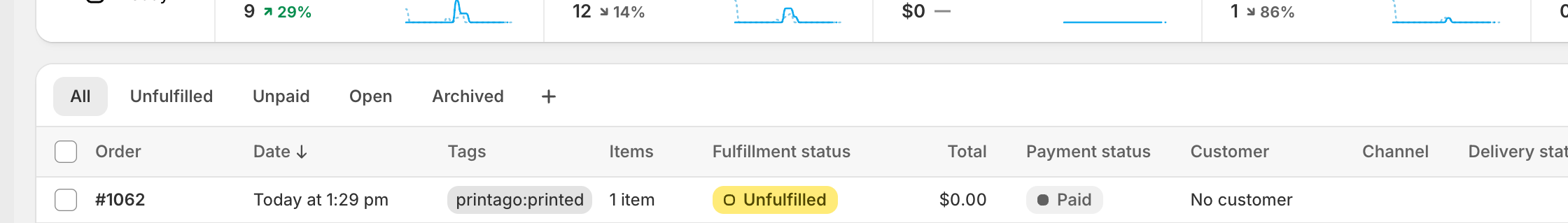 Shopify orders list showing Printago progress tags