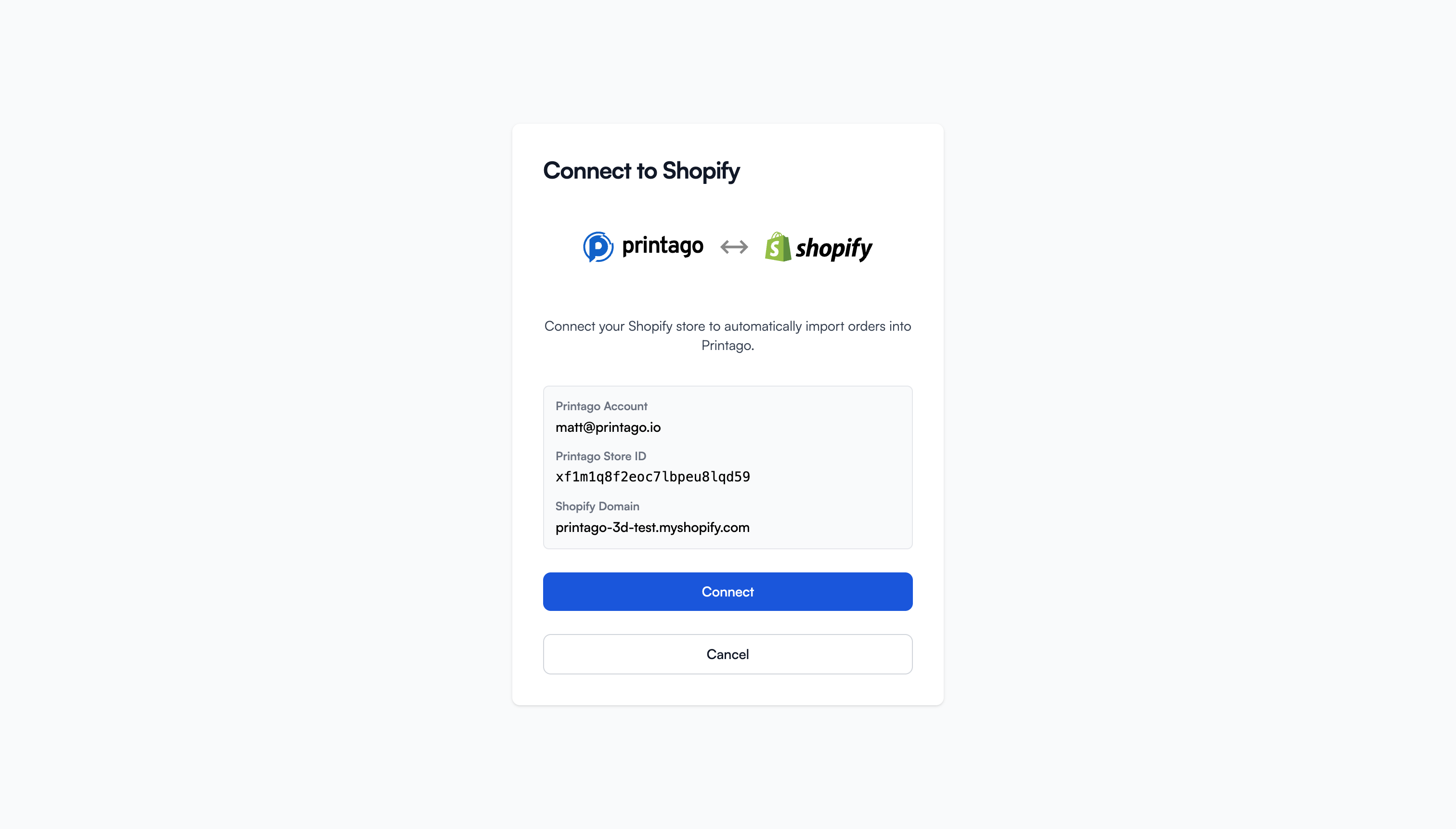 Shopify connect flow confirmation in Printago