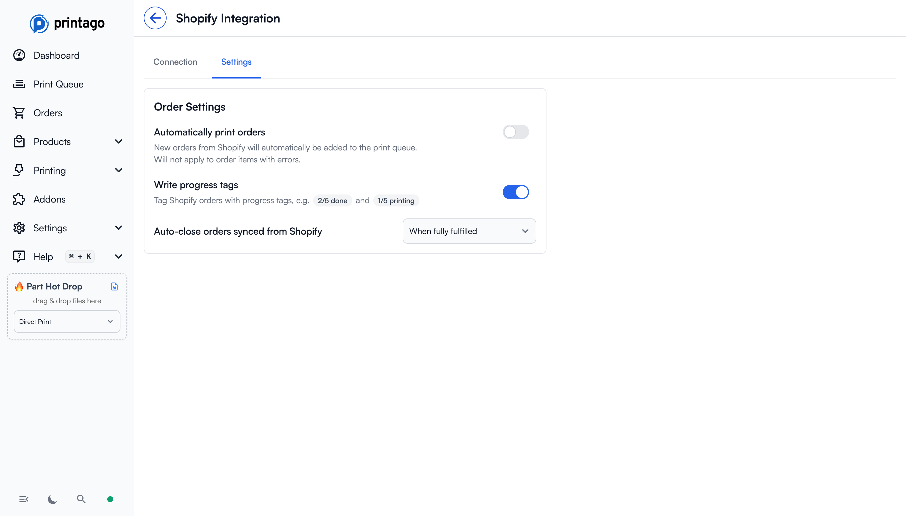 Shopify integration settings in Printago