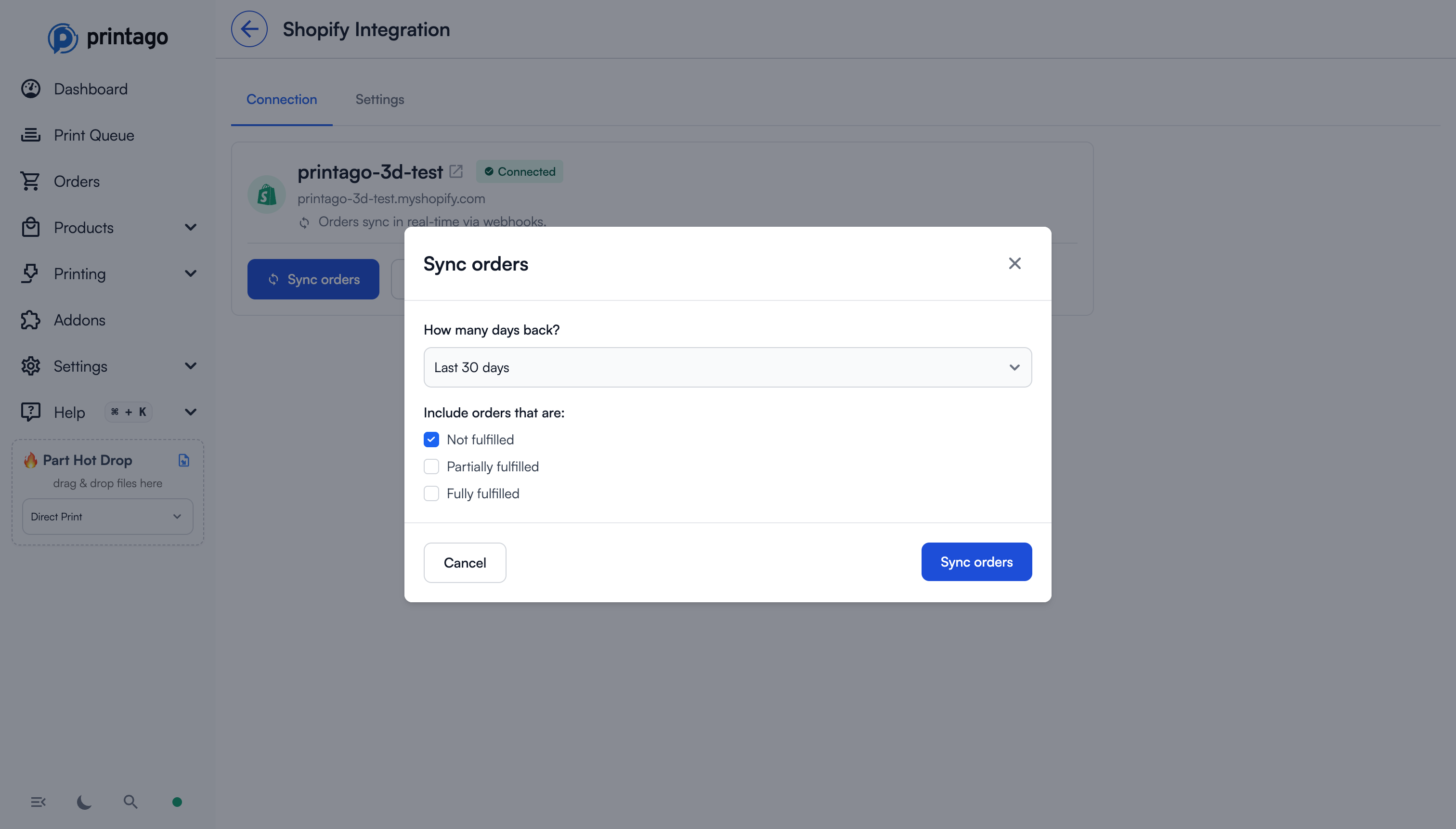 Shopify sync modal in Printago