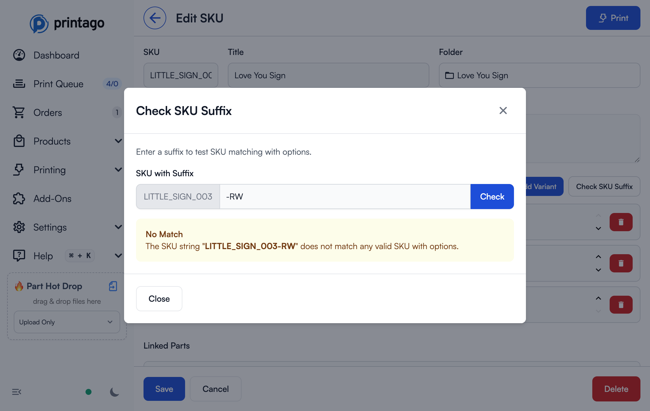 SKU suffix check error