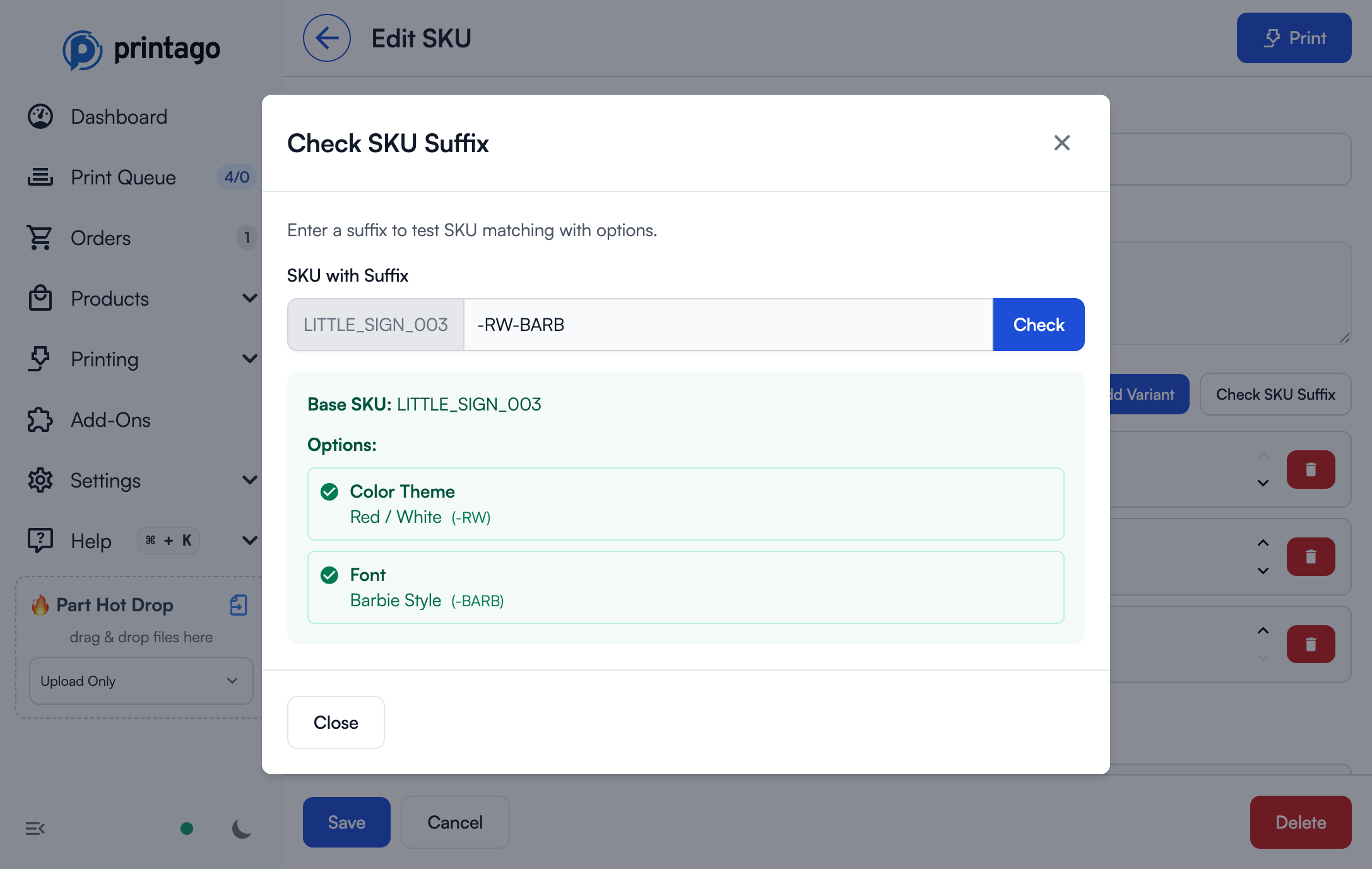 SKU suffix check success