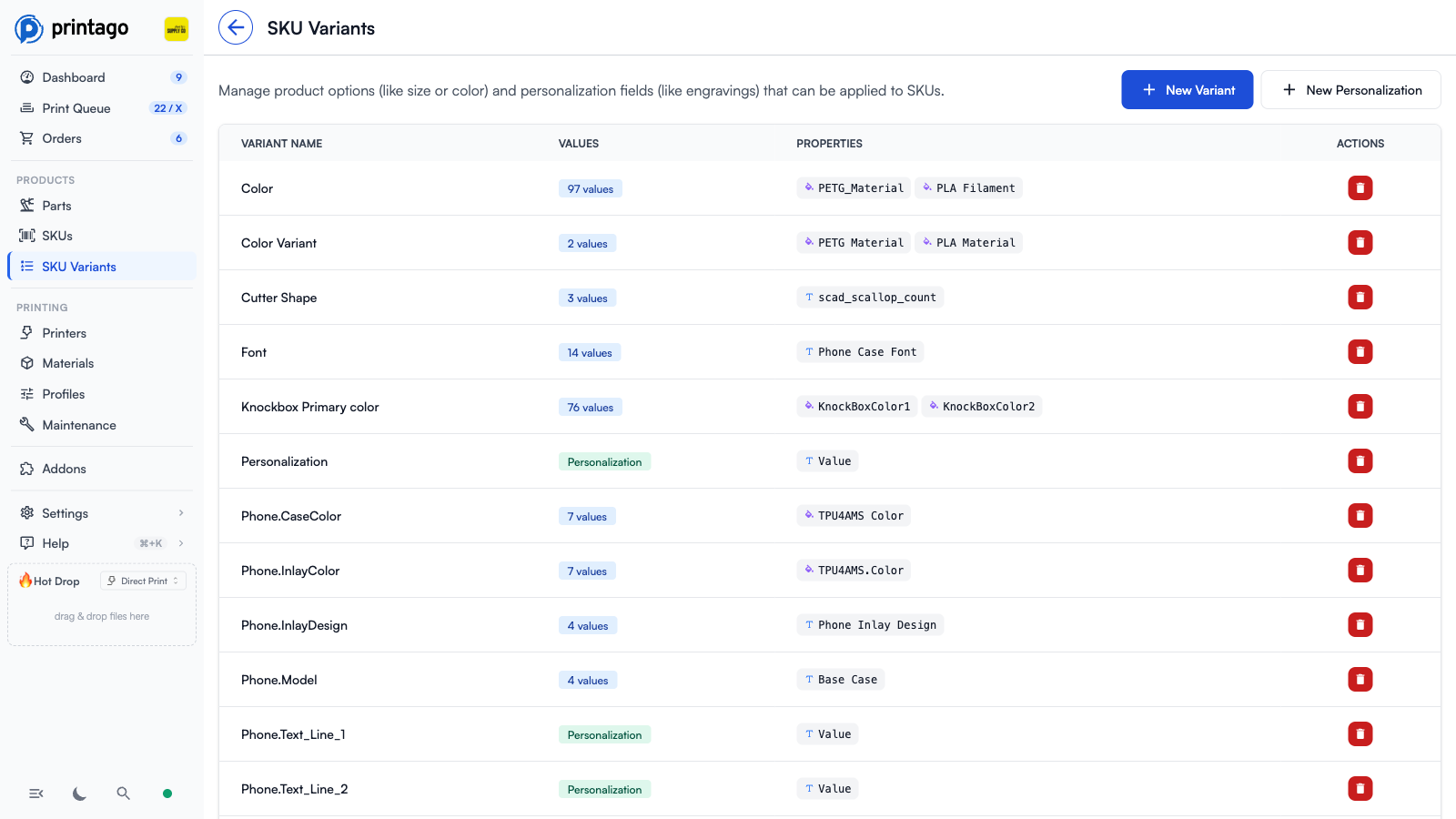 SKU Variants page listing variants with their values and properties