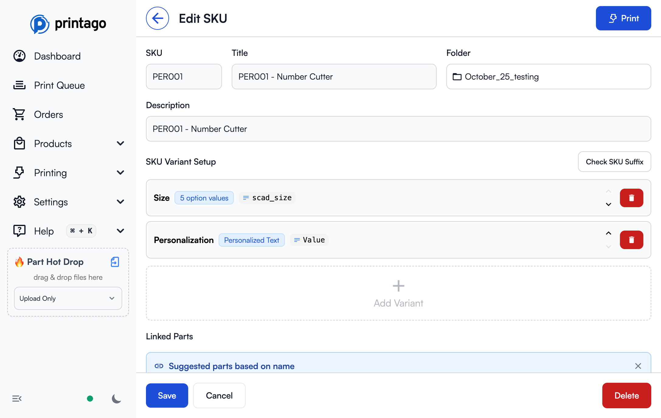 SKU with variants assigned