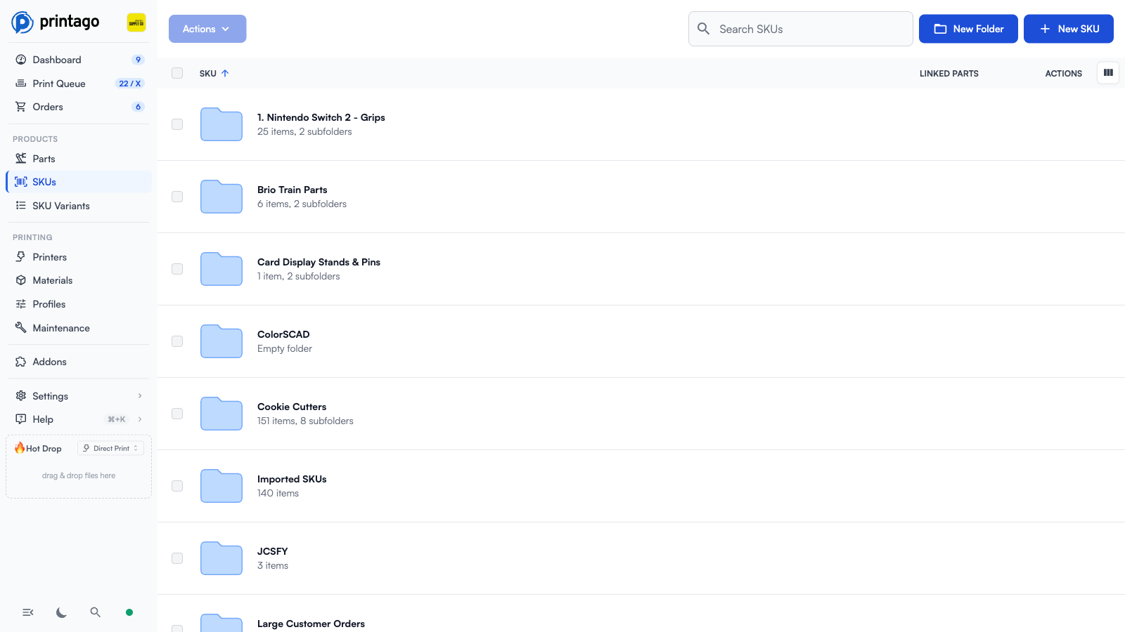 SKUs page showing folders of SKUs with search and the New Folder and New SKU buttons