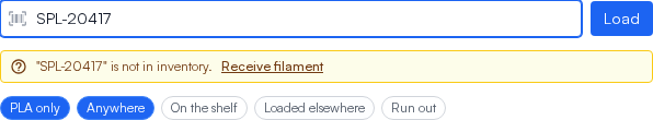 A scanned code that is not in inventory, with a link to Receive filament