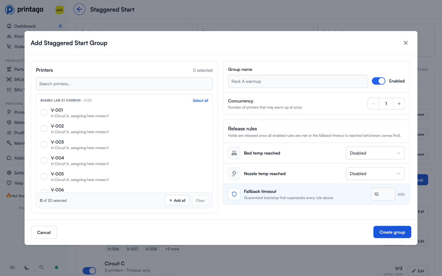 The Add Staggered Start Group dialog: a searchable printer picker on the left, and group name, Enabled toggle, Concurrency stepper, and Release rules on the right
