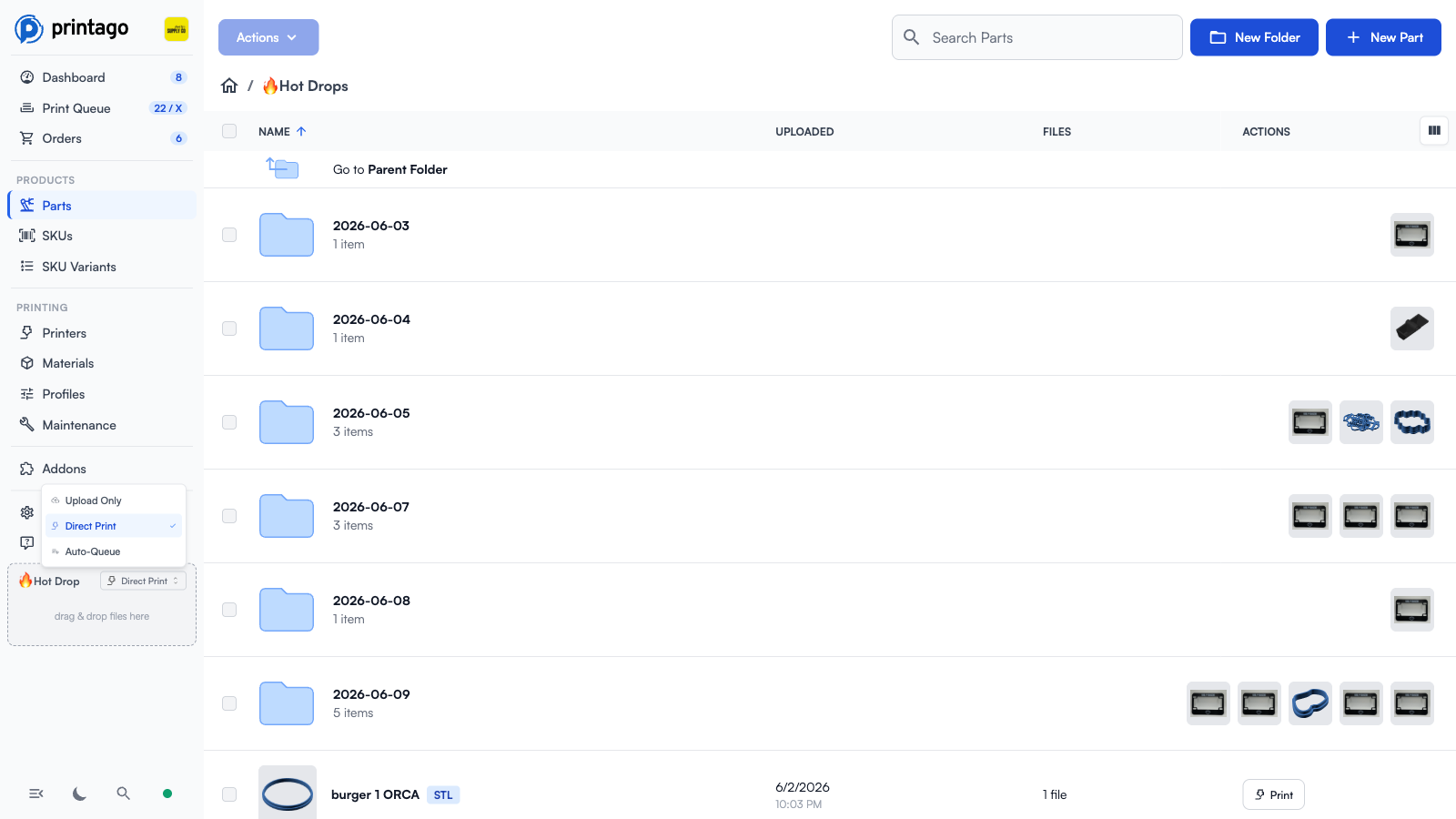 Hot Drop zone in the sidebar with the upload mode selector expanded, showing Upload Only, Direct Print, and Auto-Queue