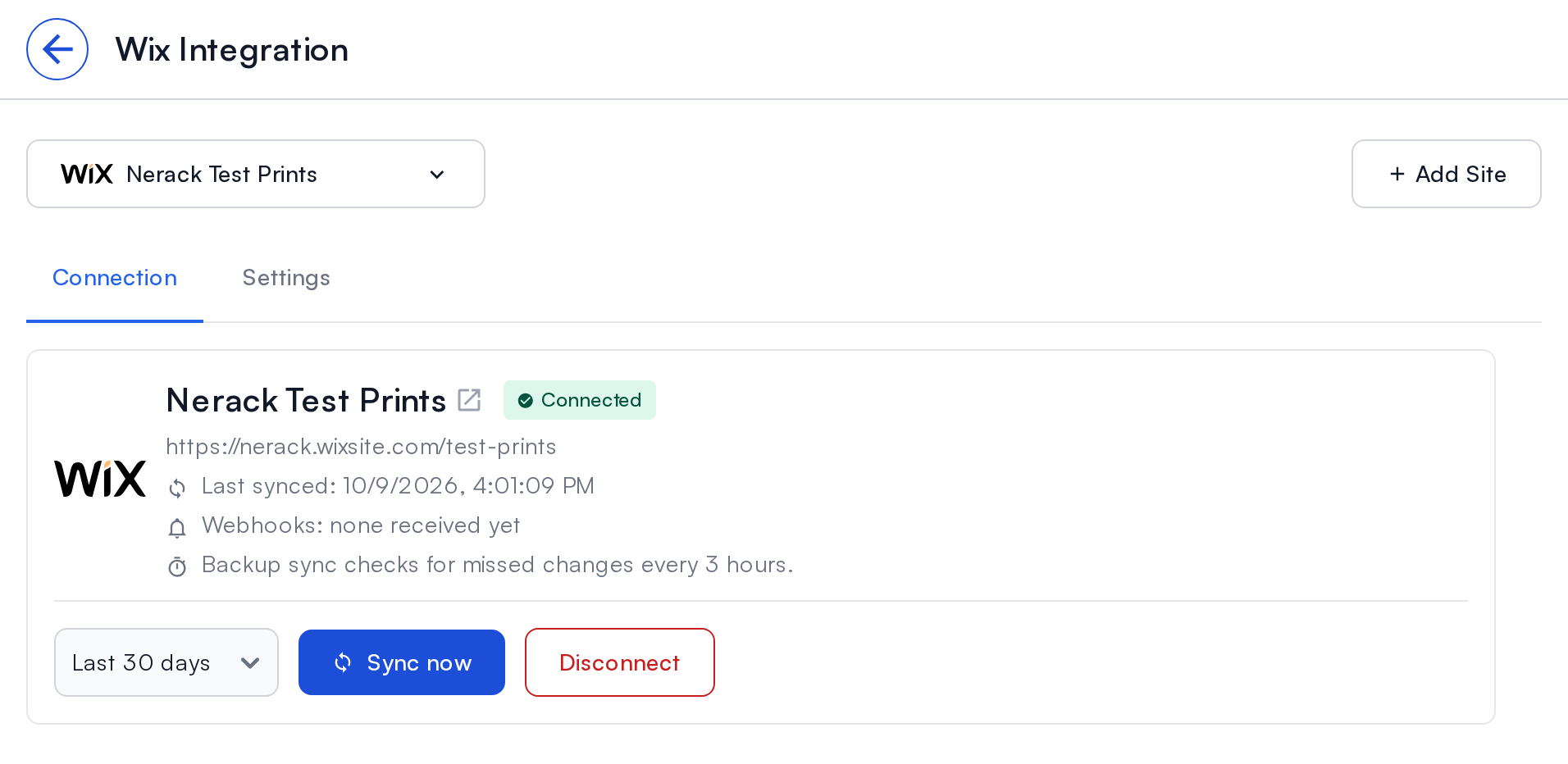 Wix Connection tab