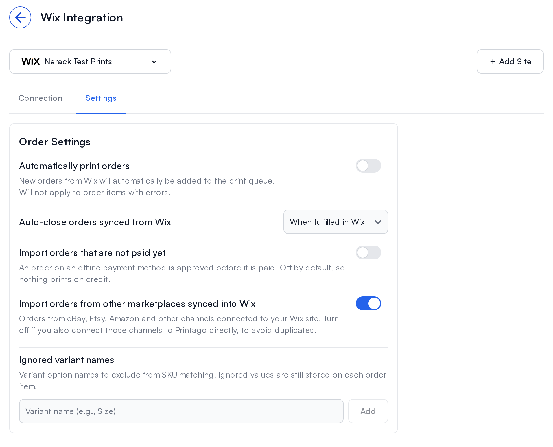 Wix Settings tab