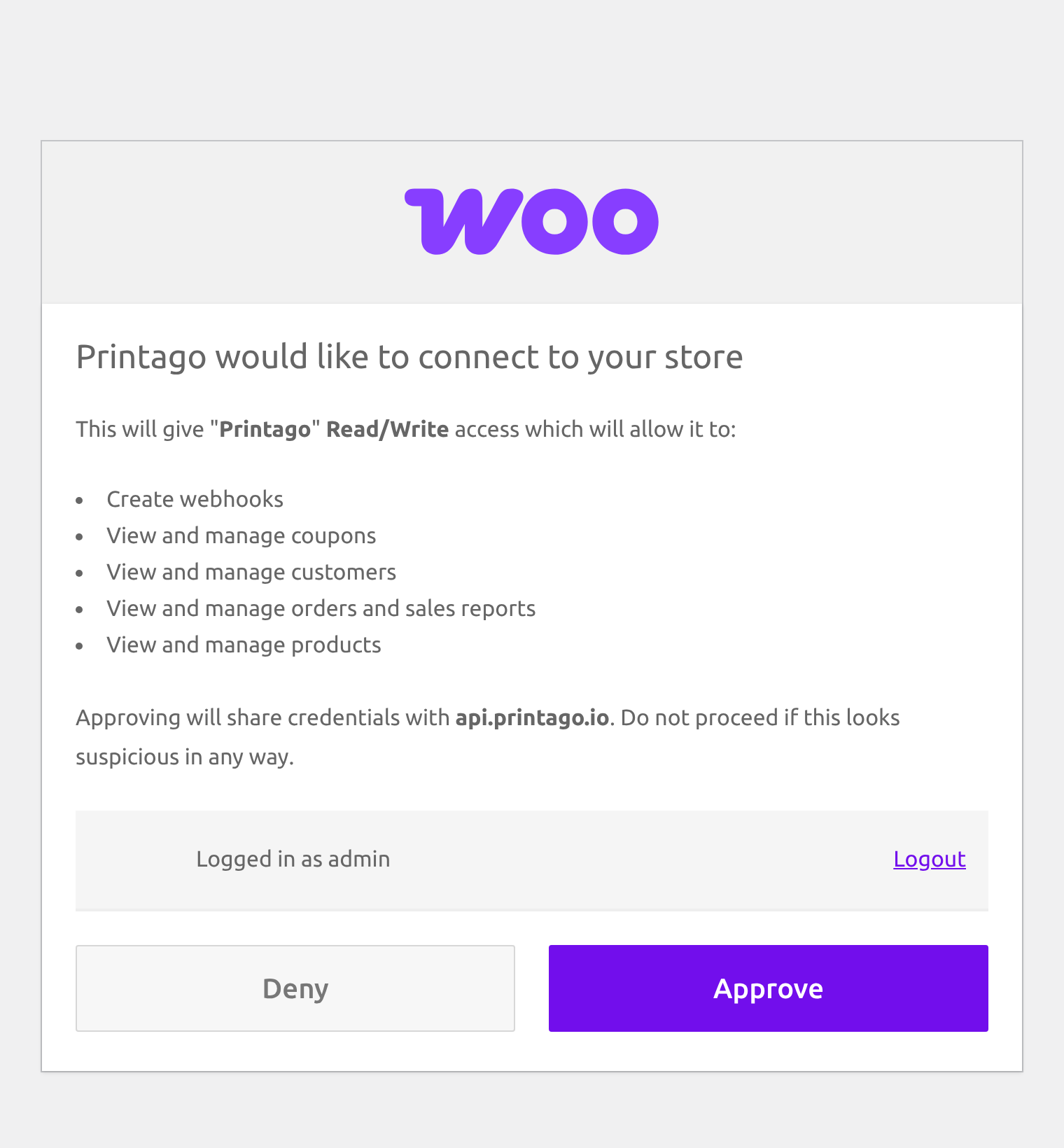 WooCommerce approval screen for Printago
