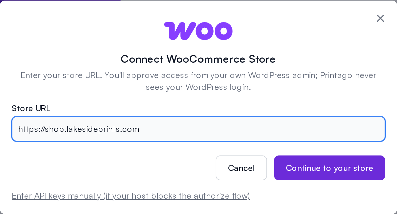 Connect WooCommerce Store window in Printago