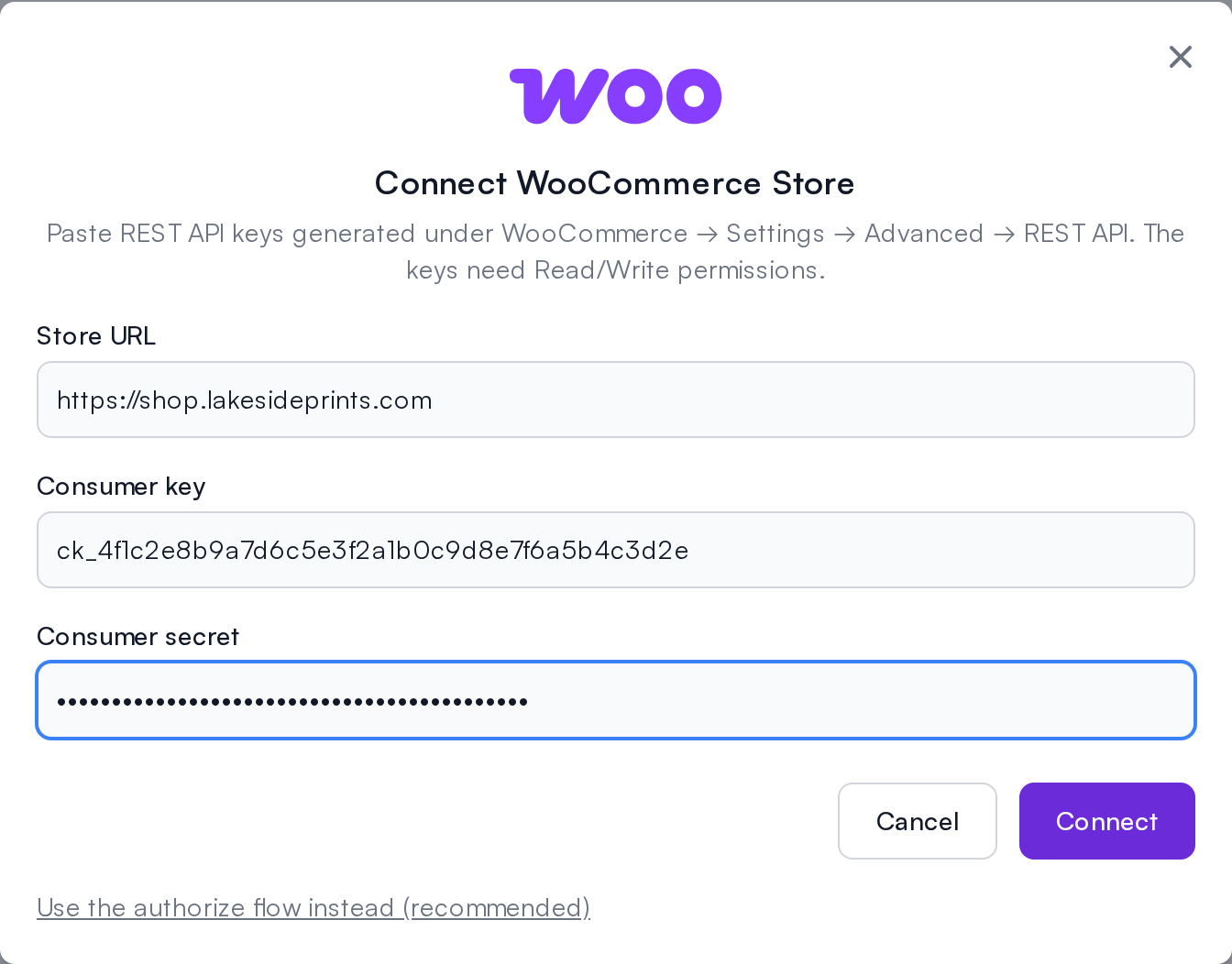 Entering WooCommerce API keys manually