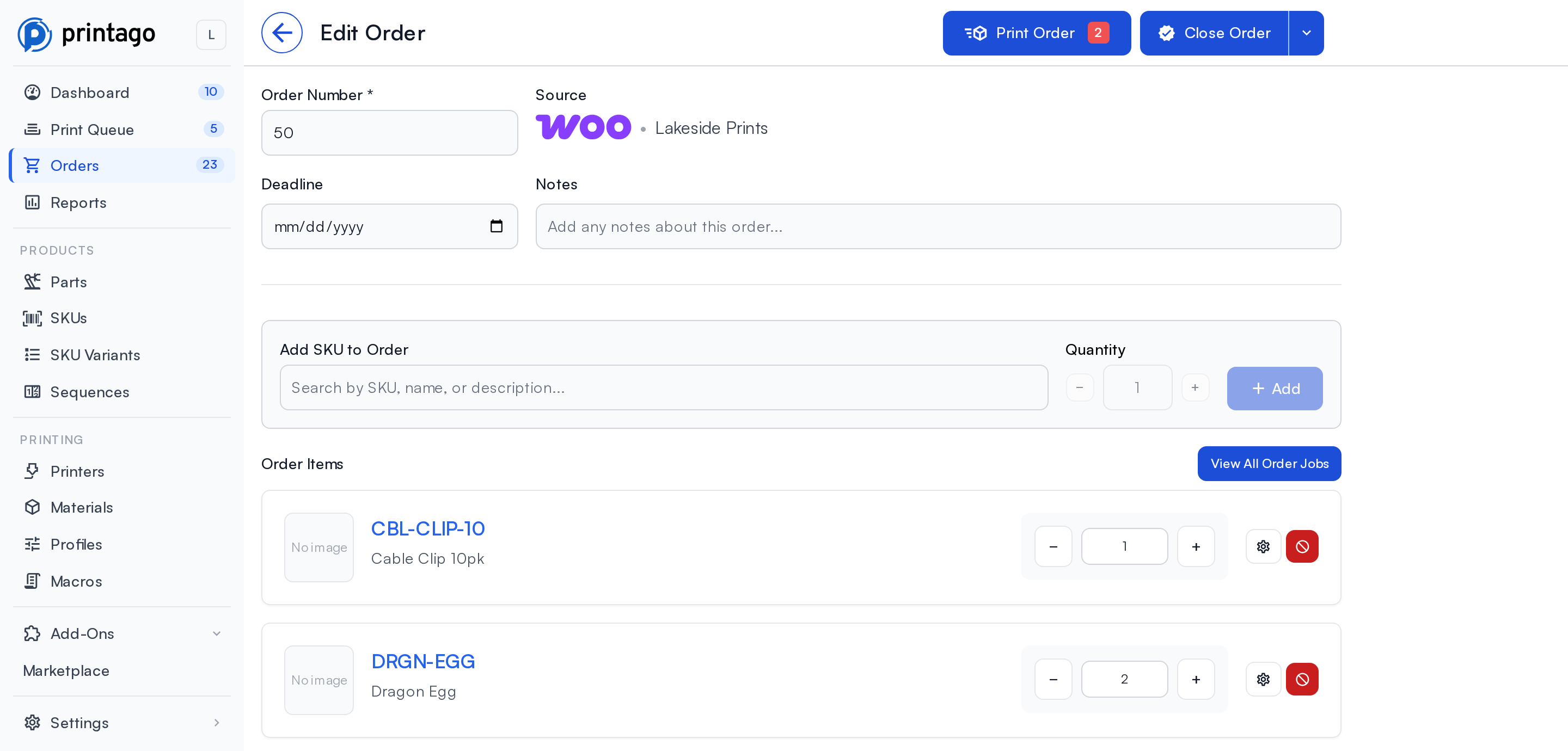 A WooCommerce order in Printago