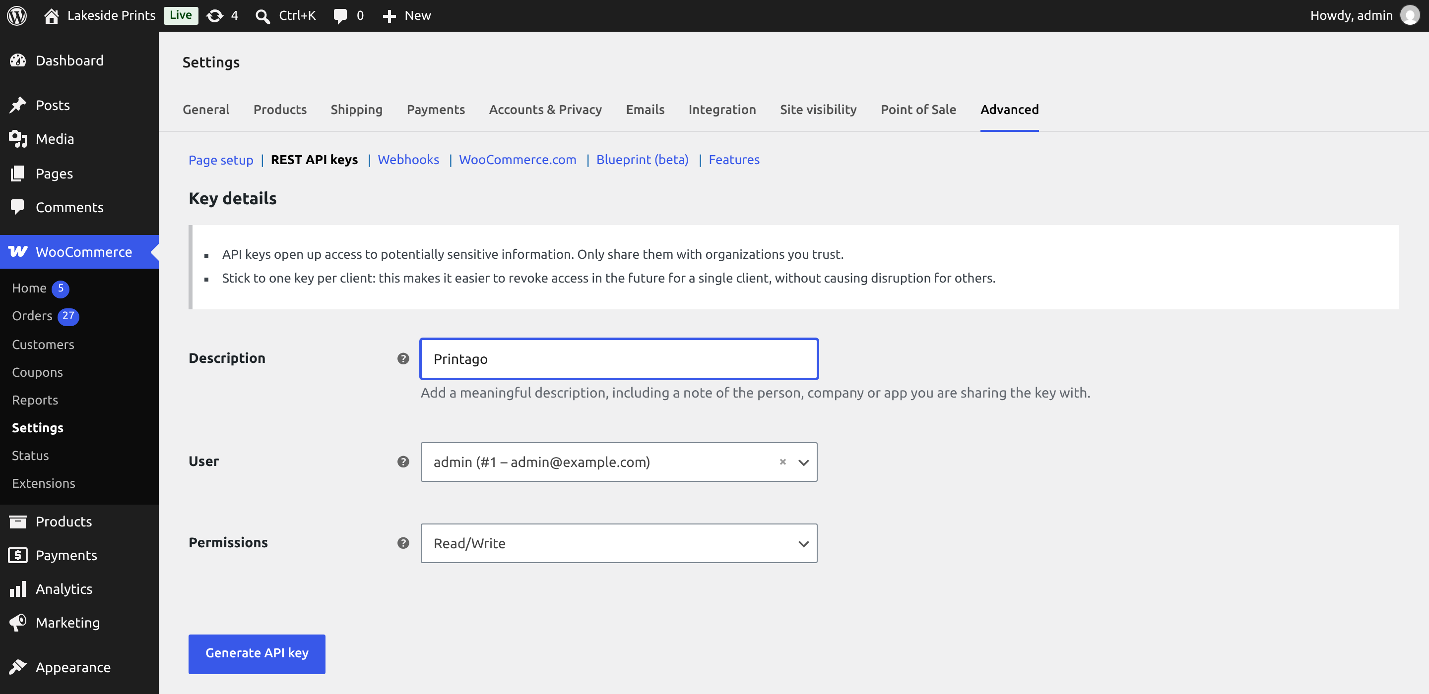 Creating a REST API key in WooCommerce