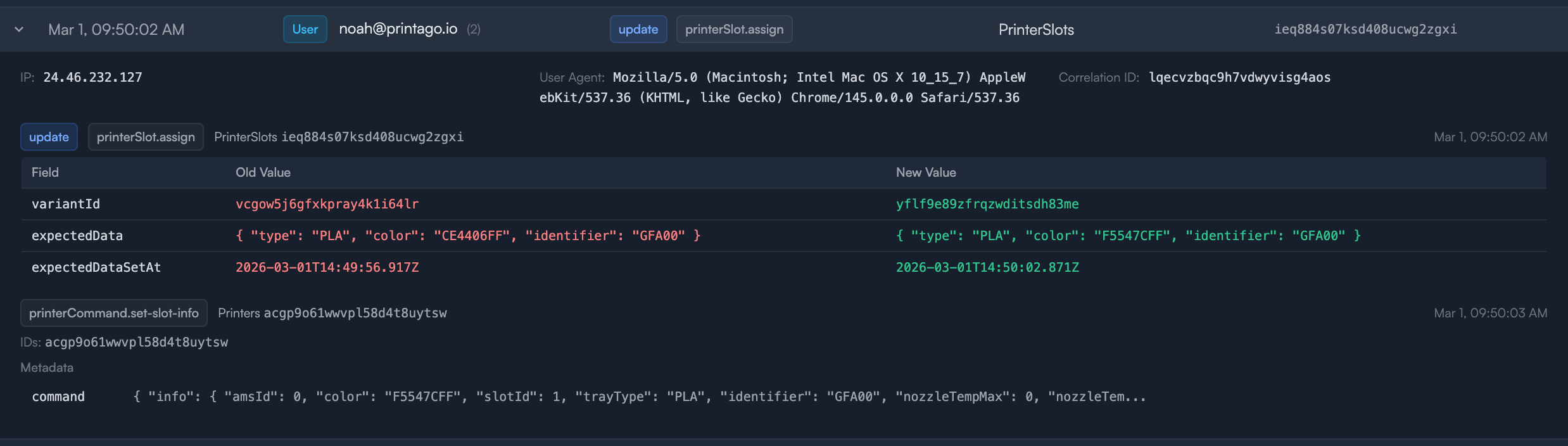 Expanded audit log entry showing field changes and request context