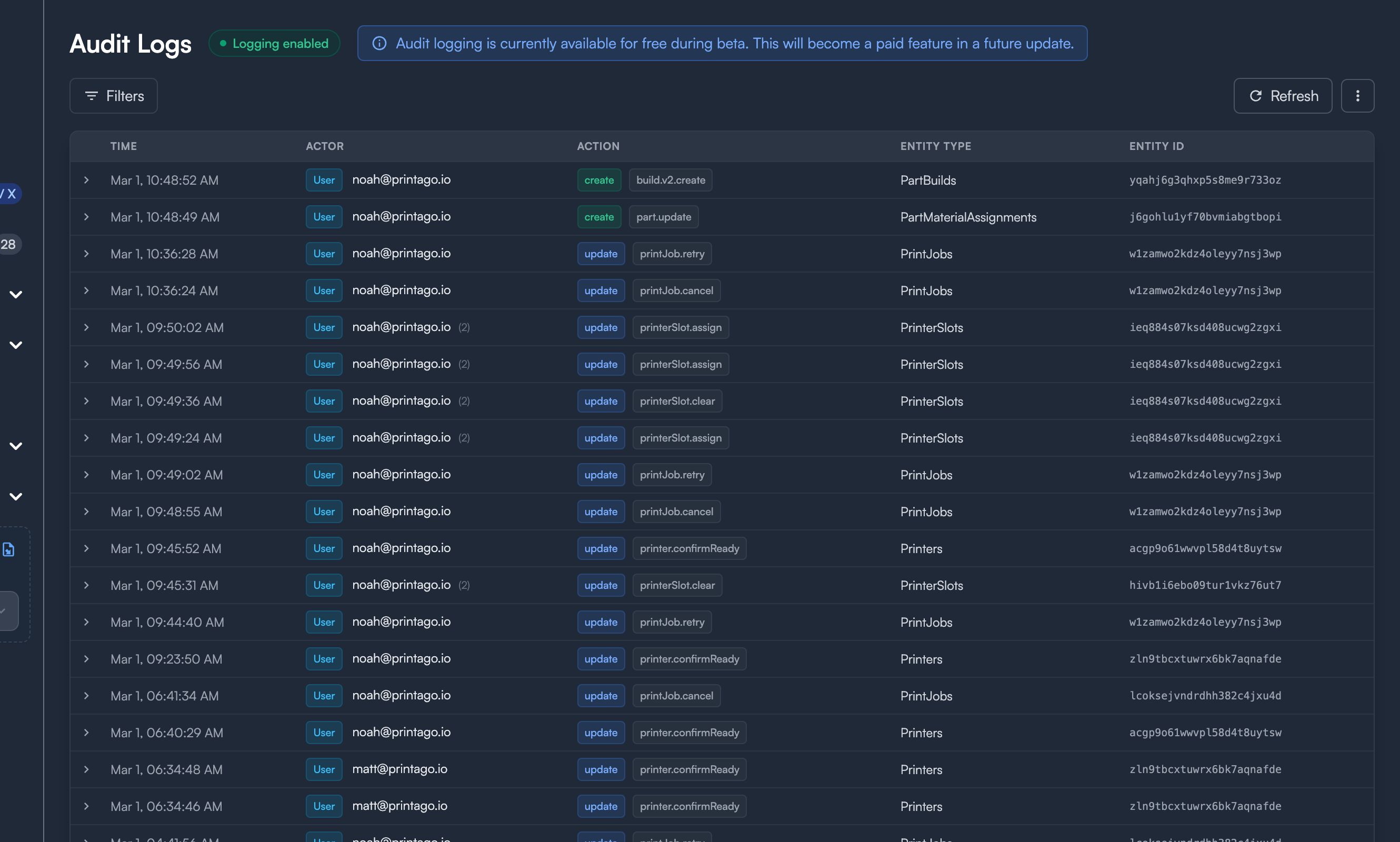 Audit log page overview