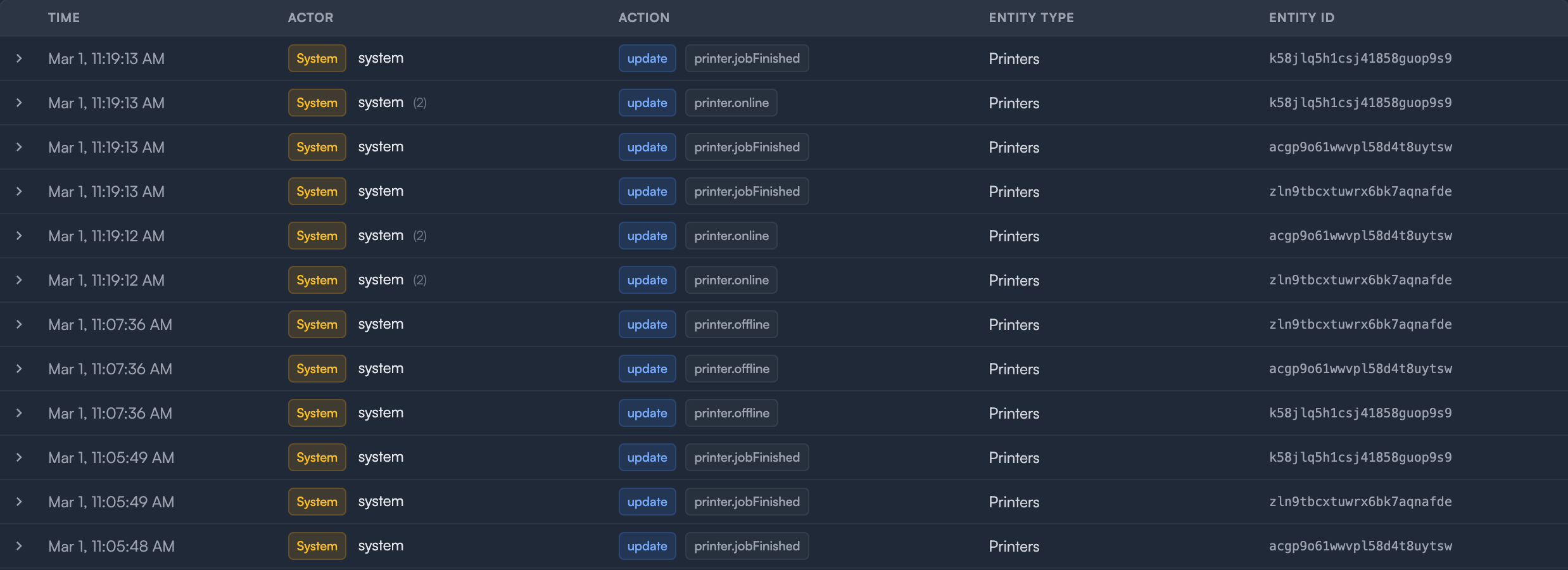 Audit log showing system events like printer commands