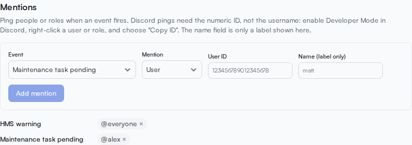 Mention settings showing an @everyone rule on HMS warnings and a user mention on maintenance reminders