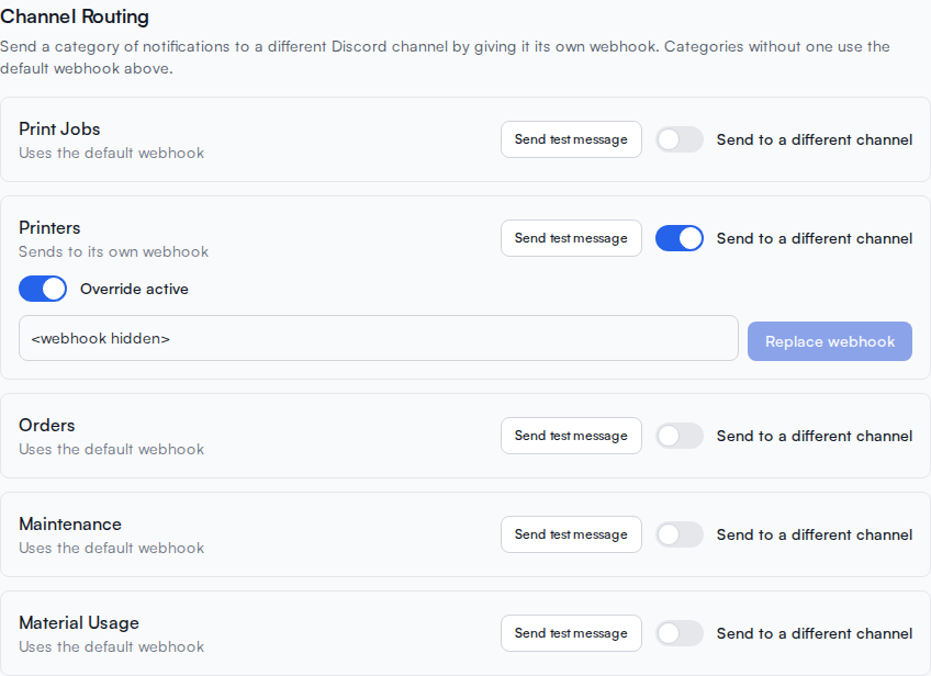 Channel routing settings showing the Printers category sending to its own webhook while other categories use the default