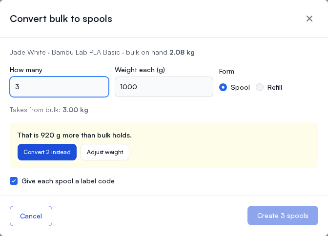 Convert to spools asking for more than bulk holds, offering to convert what fits or adjust the weight