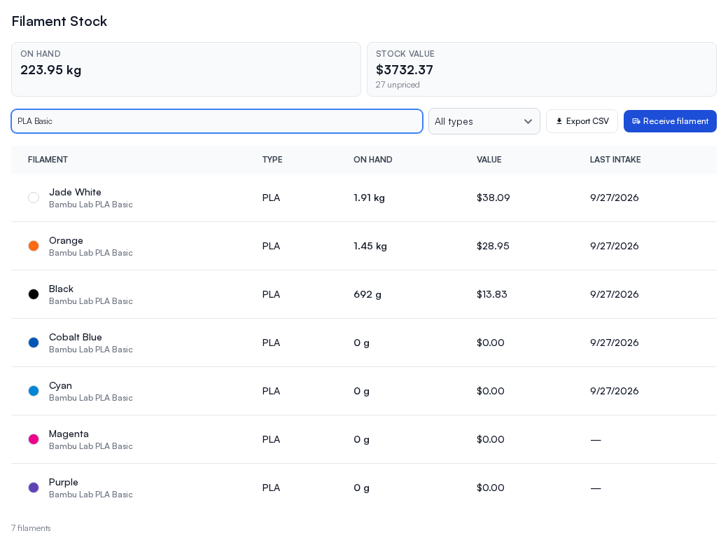 The Filament Stock list: one row per filament with on hand, value and last intake