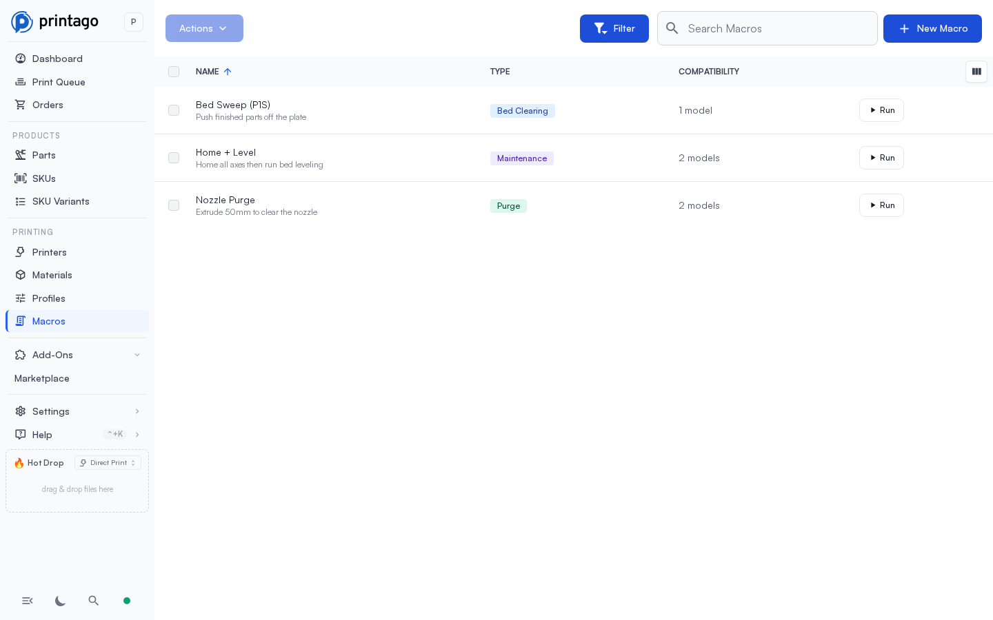 The Macros library listing three macros with type badges, compatibility counts, and per-row Run buttons