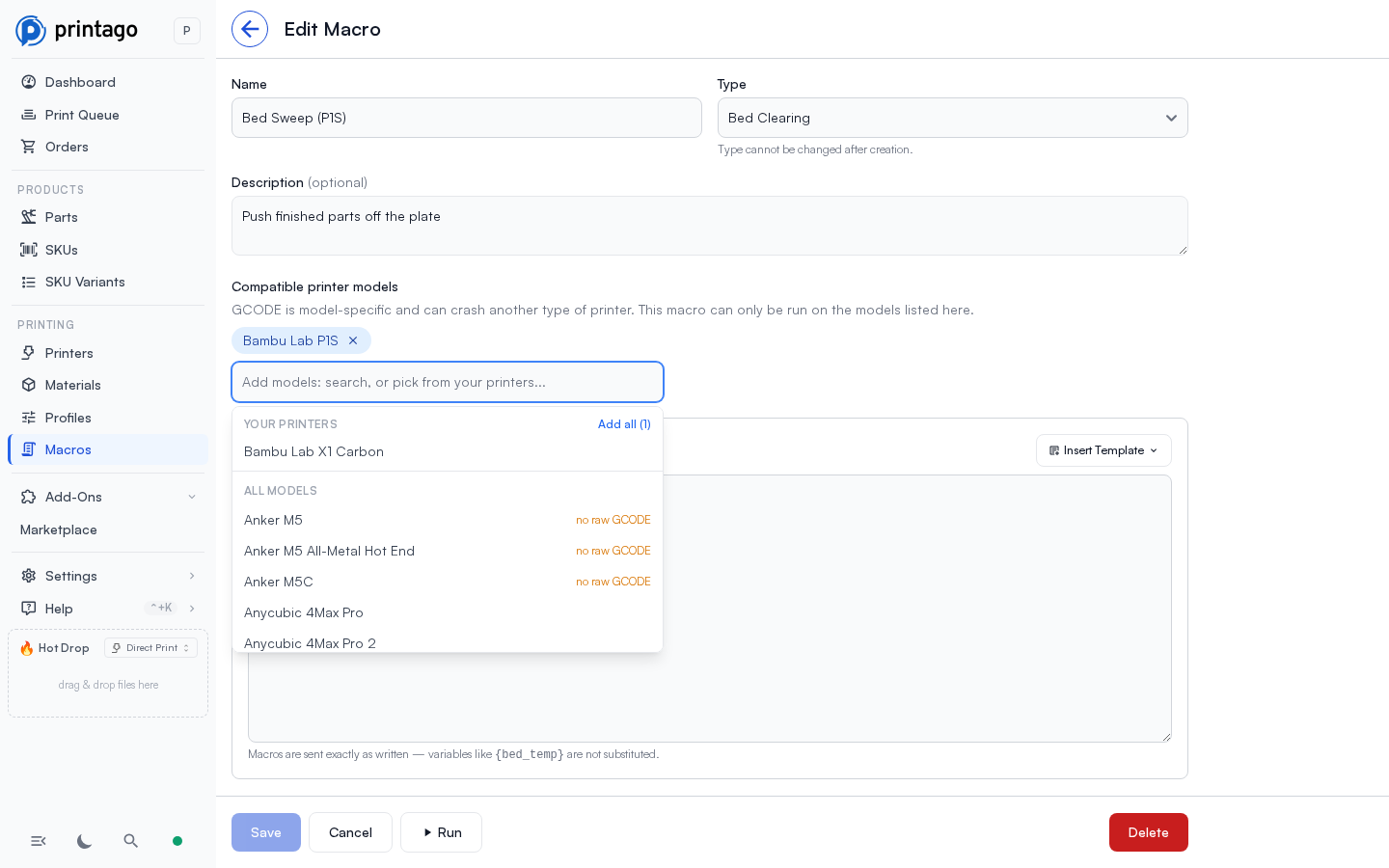 The compatible printer models picker open, showing a Your Printers group with an Add all shortcut and the full catalog below with no raw GCODE labels