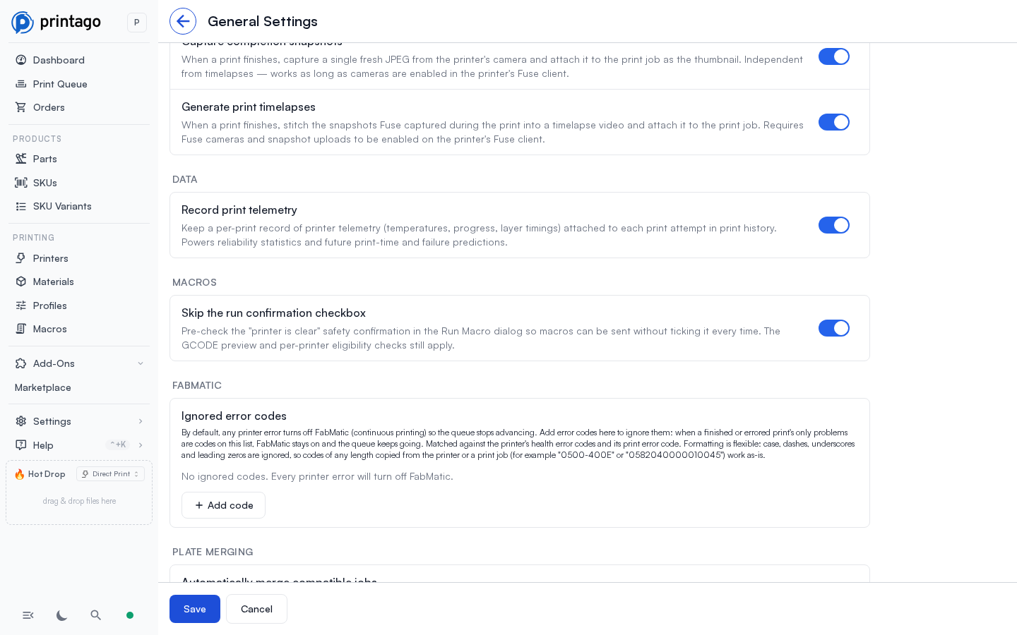 General Settings showing the Macros section with the Skip the run confirmation checkbox toggle