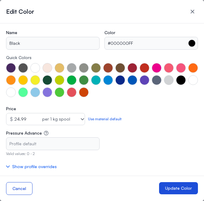 Edit Color for Black, with a price of $24.99 per 1 kg spool and Use material default beside it