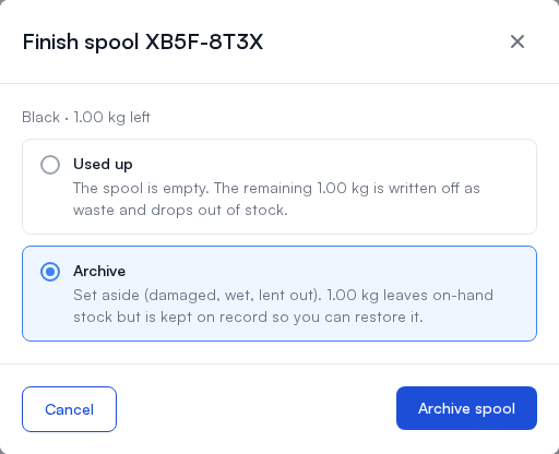 Finish spool asking Used up or Archive, with what each does to the 1.00 kg left on the spool