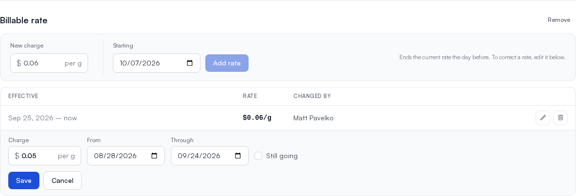 The Pricing tab's billable rate: New charge and Starting with Add rate, the current $0.06 per gram rate set by Matt Pavelko with edit and delete buttons, and the earlier $0.05 rate open for editing with its charge, From and Through days, and Still going