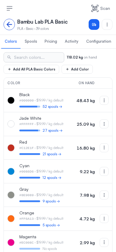 The Colors tab on a phone: each color with its hex code and price, its bar and spools under the name, on hand, and a menu