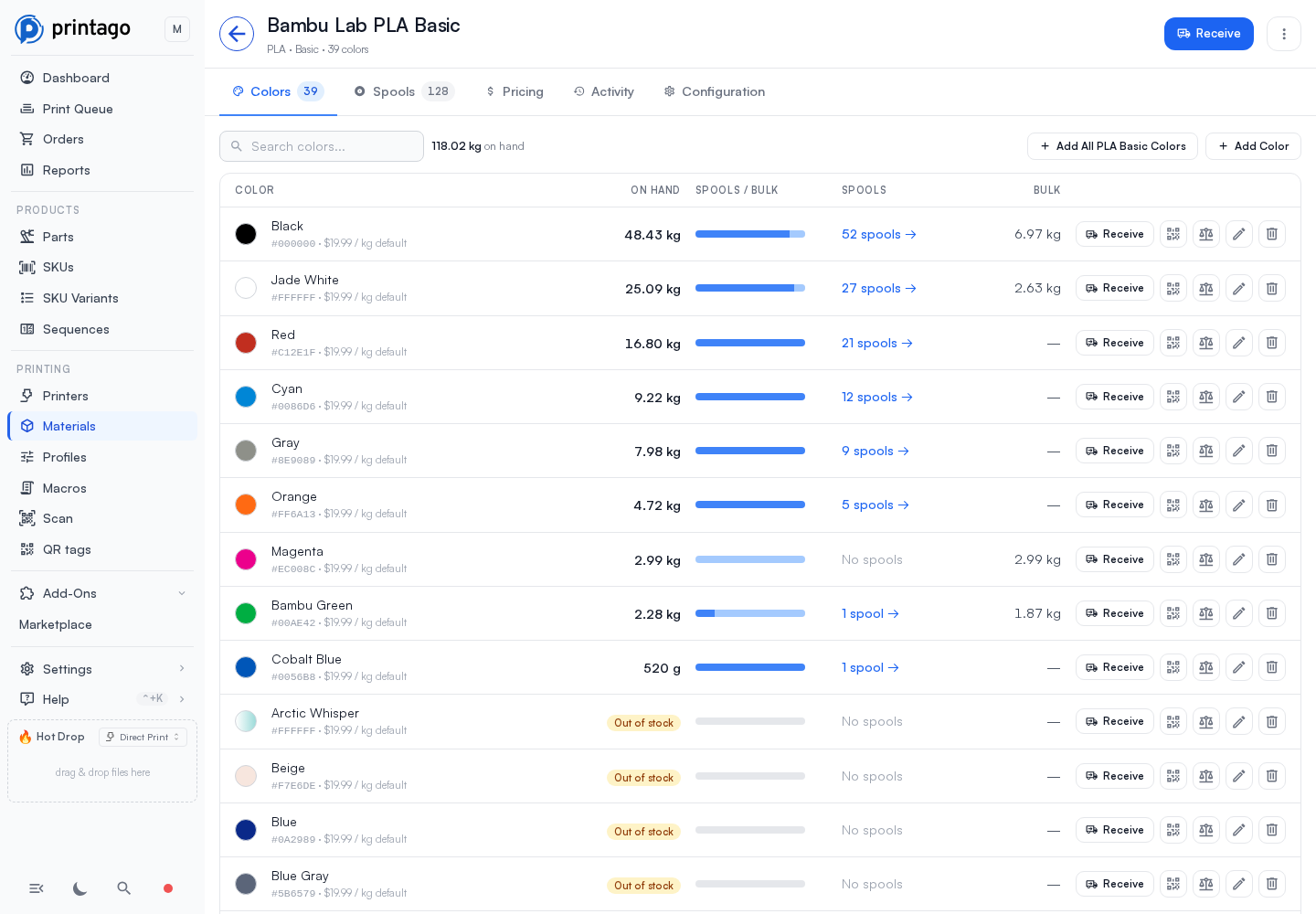 The Colors tab: each color with its hex code and price per kg, on hand, a tracked and bulk bar, its spools, its bulk, and Receive, Print tag, Adjust bulk weight, Edit and Delete