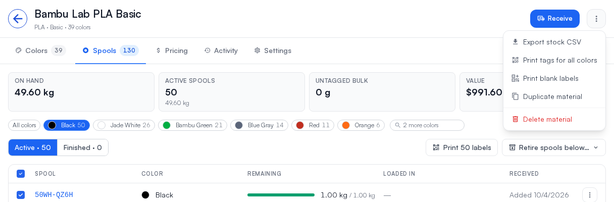The material header with Receive and the menu open: Export stock CSV, Print tags for all colors, Print blank labels, Duplicate material, Delete material