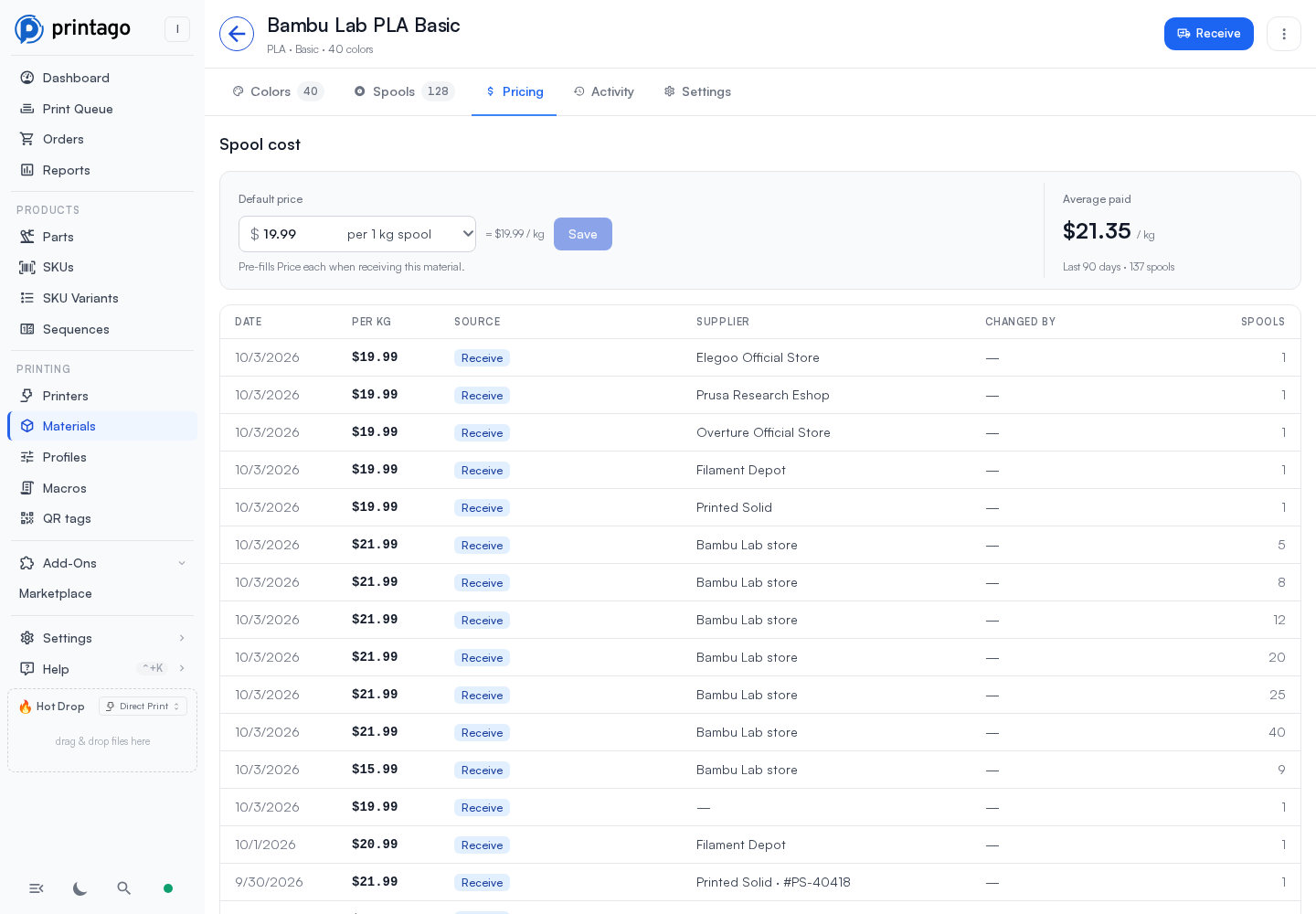 The Pricing tab: a default price of $19.99 per 1 kg spool, the average paid over the last 90 days, and the price history