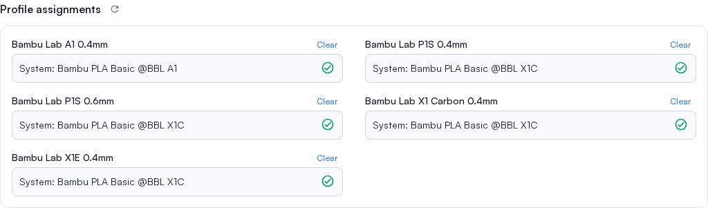 Profile assignments on a material's Configuration tab, one profile per printer model and nozzle size