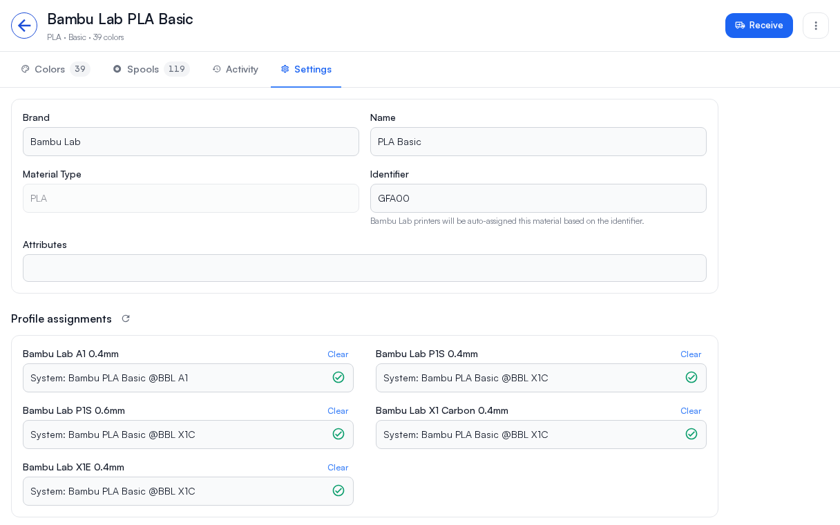 The Configuration tab with the material's fields and its profile assignments