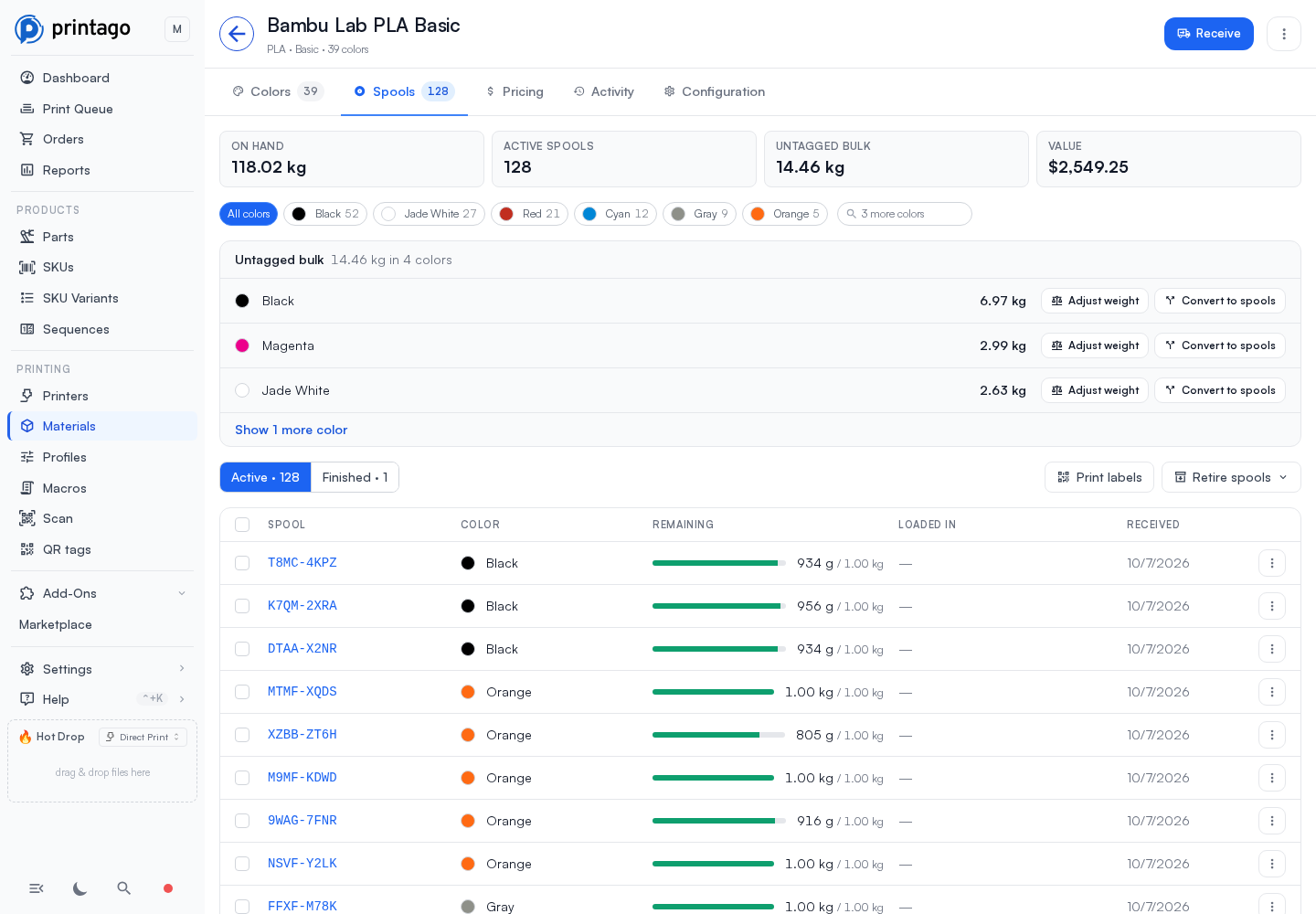 The Spools tab: totals, color chips, untagged bulk for the three colors holding the most with Adjust weight and Convert to spools, then Active and Finished and the spools with what is left on each