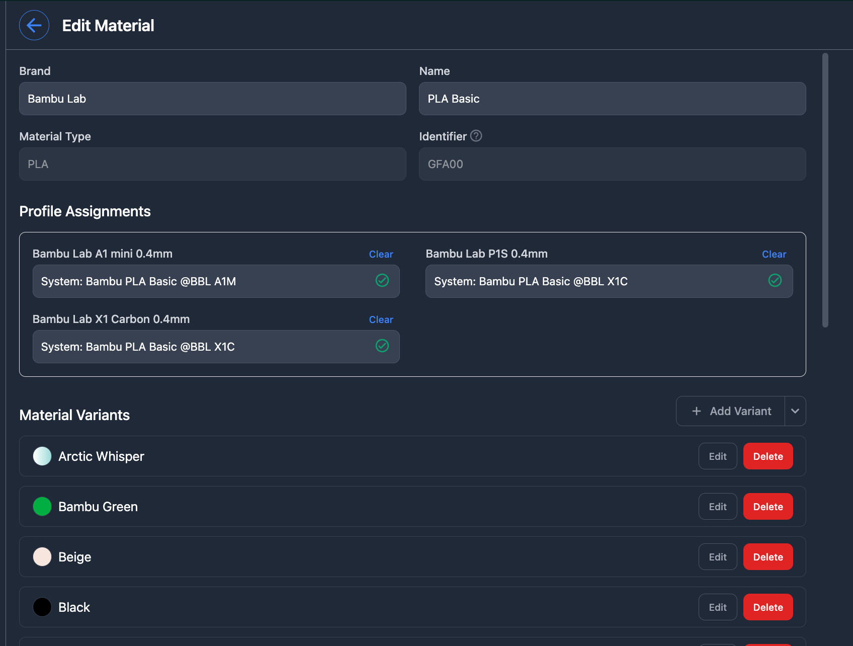 Material Profile Configuration