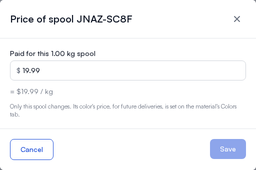 Price of spool JNAZ-SC8F: paid $19.99 for this 1.00 kg spool, $19.99 per kg