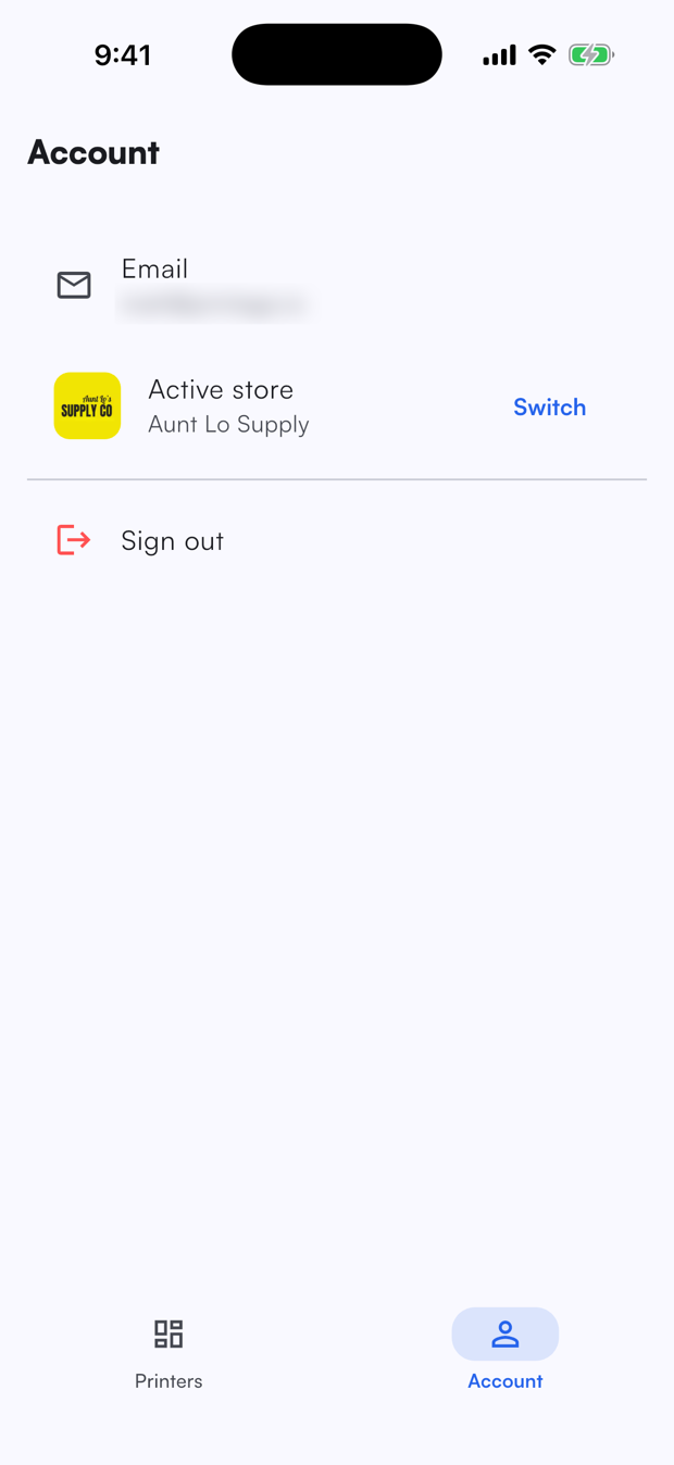 Account screen with active store and sign out