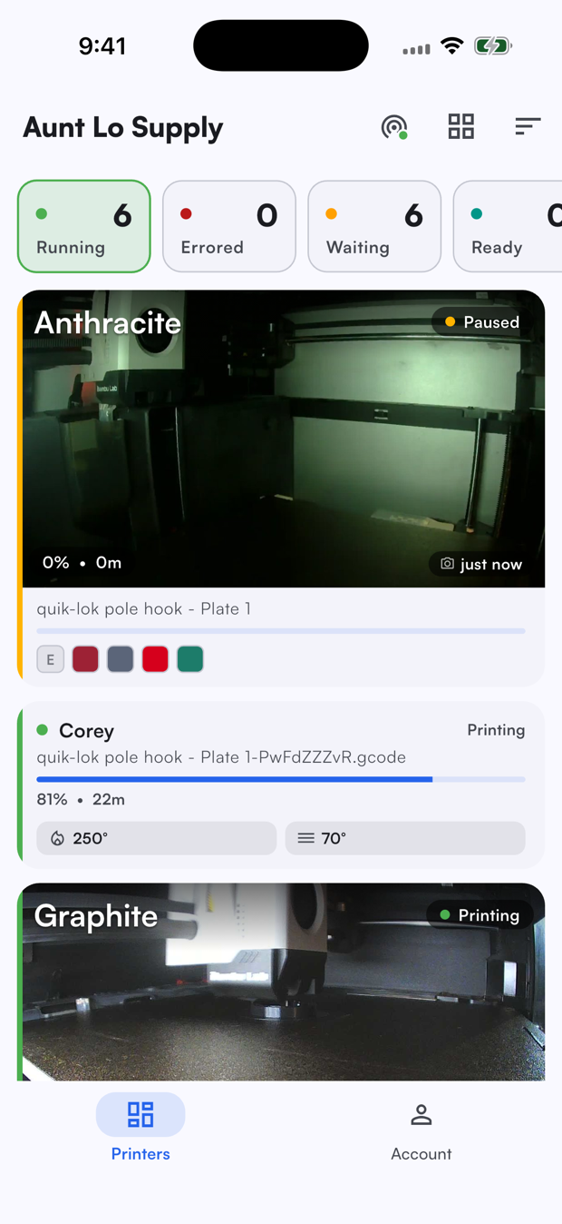 Printago mobile dashboard with live printer cameras