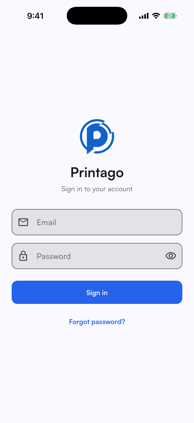 Printago mobile sign in screen